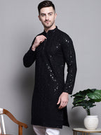 Jompers Men's Sequin Embroidered Pure Cotton Kurta - Black