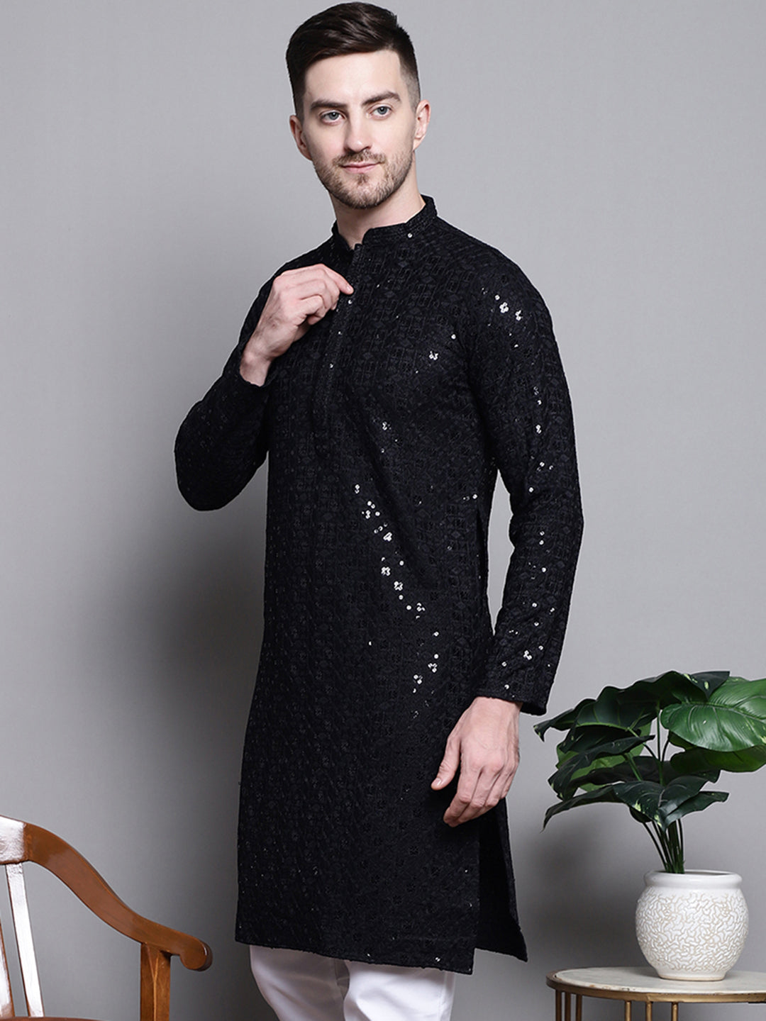 Jompers Men's Sequin Embroidered Pure Cotton Kurta - Black