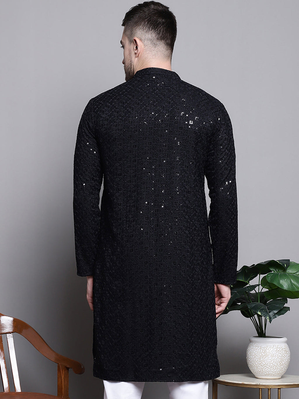 Jompers Men's Sequin Embroidered Pure Cotton Kurta - Black