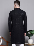 Jompers Men's Sequin Embroidered Pure Cotton Kurta - Black