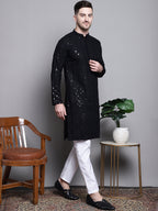Jompers Men's Sequin Embroidered Pure Cotton Kurta - Black