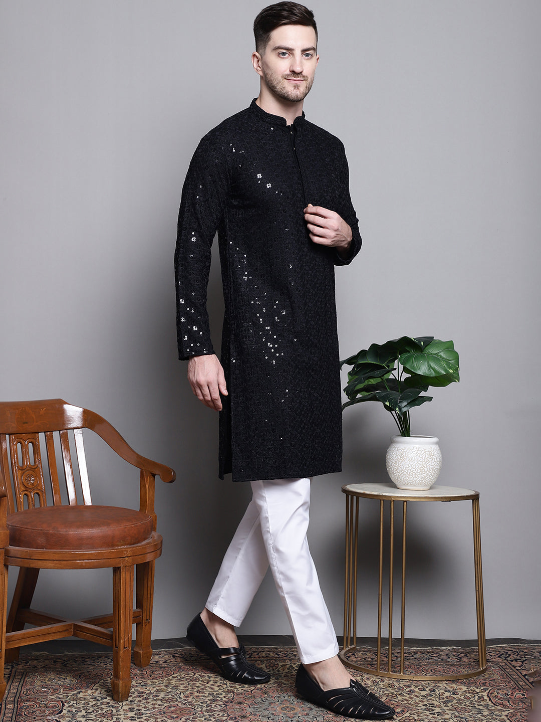Jompers Men's Sequin Embroidered Pure Cotton Kurta - Black