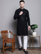 Jompers Men's Sequin Embroidered Pure Cotton Kurta - Black