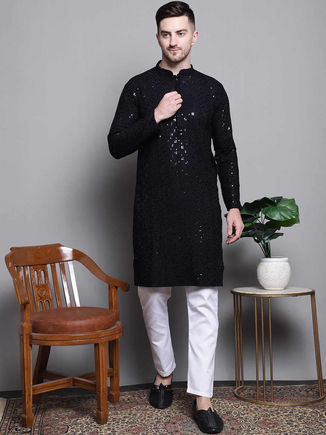 Jompers Men's Sequin Embroidered Pure Cotton Kurta - Black