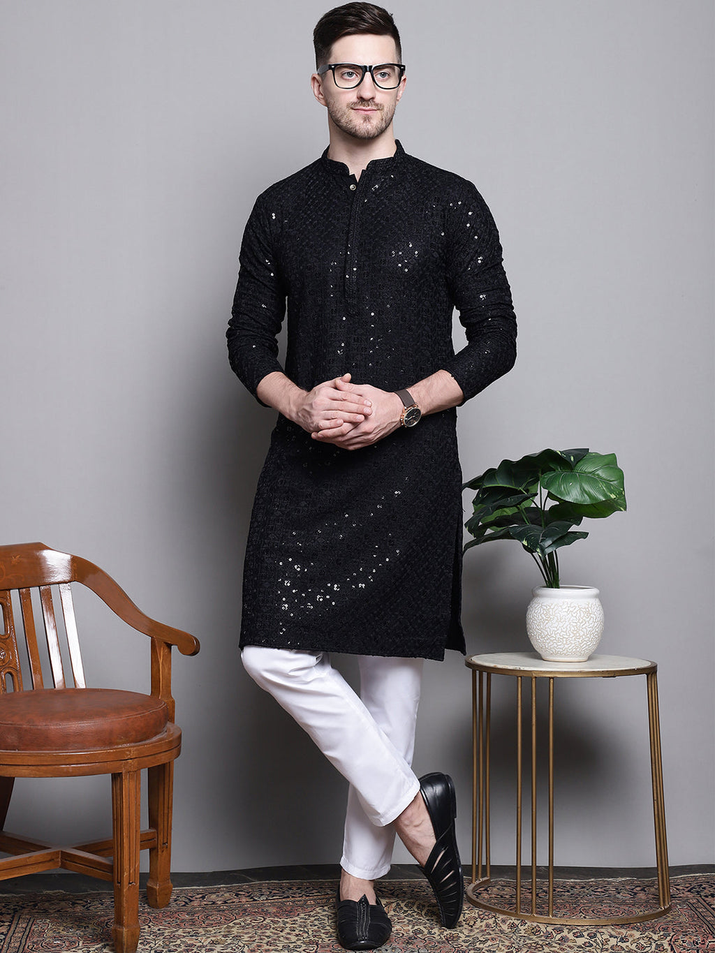 Jompers Men's Sequin Embroidered Pure Cotton Kurta - Black