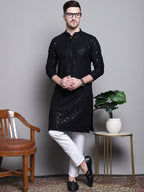 Jompers Men's Sequin Embroidered Pure Cotton Kurta - Black