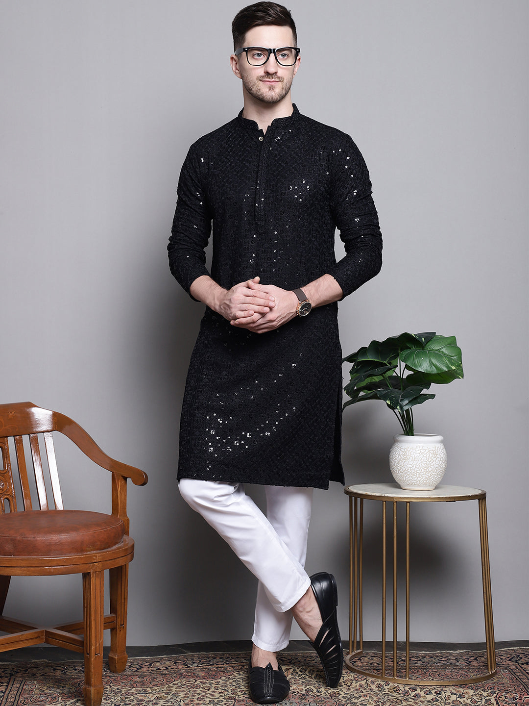 Jompers Men's Sequin Embroidered Pure Cotton Kurta - Black