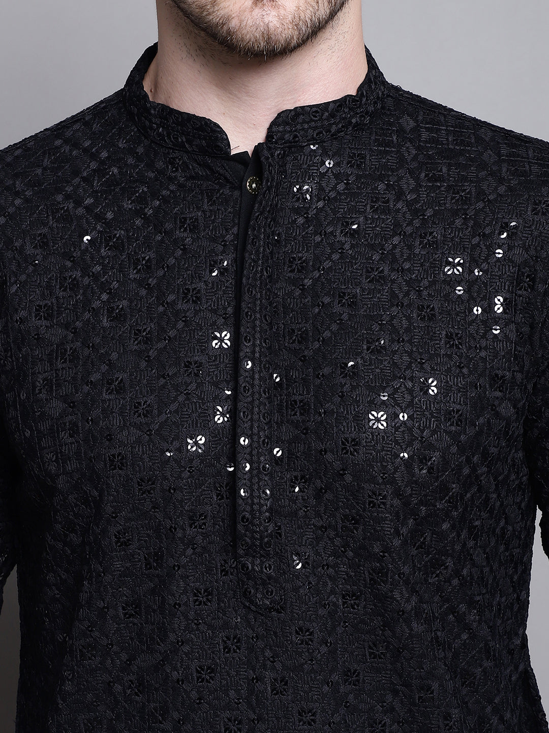 Jompers Men's Sequin Embroidered Pure Cotton Kurta - Black