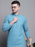 Jompers Men's Sequin Embroidered Pure Cotton Kurta - Blue