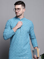 Jompers Men's Sequin Embroidered Pure Cotton Kurta - Blue