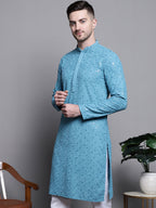 Jompers Men's Sequin Embroidered Pure Cotton Kurta - Blue