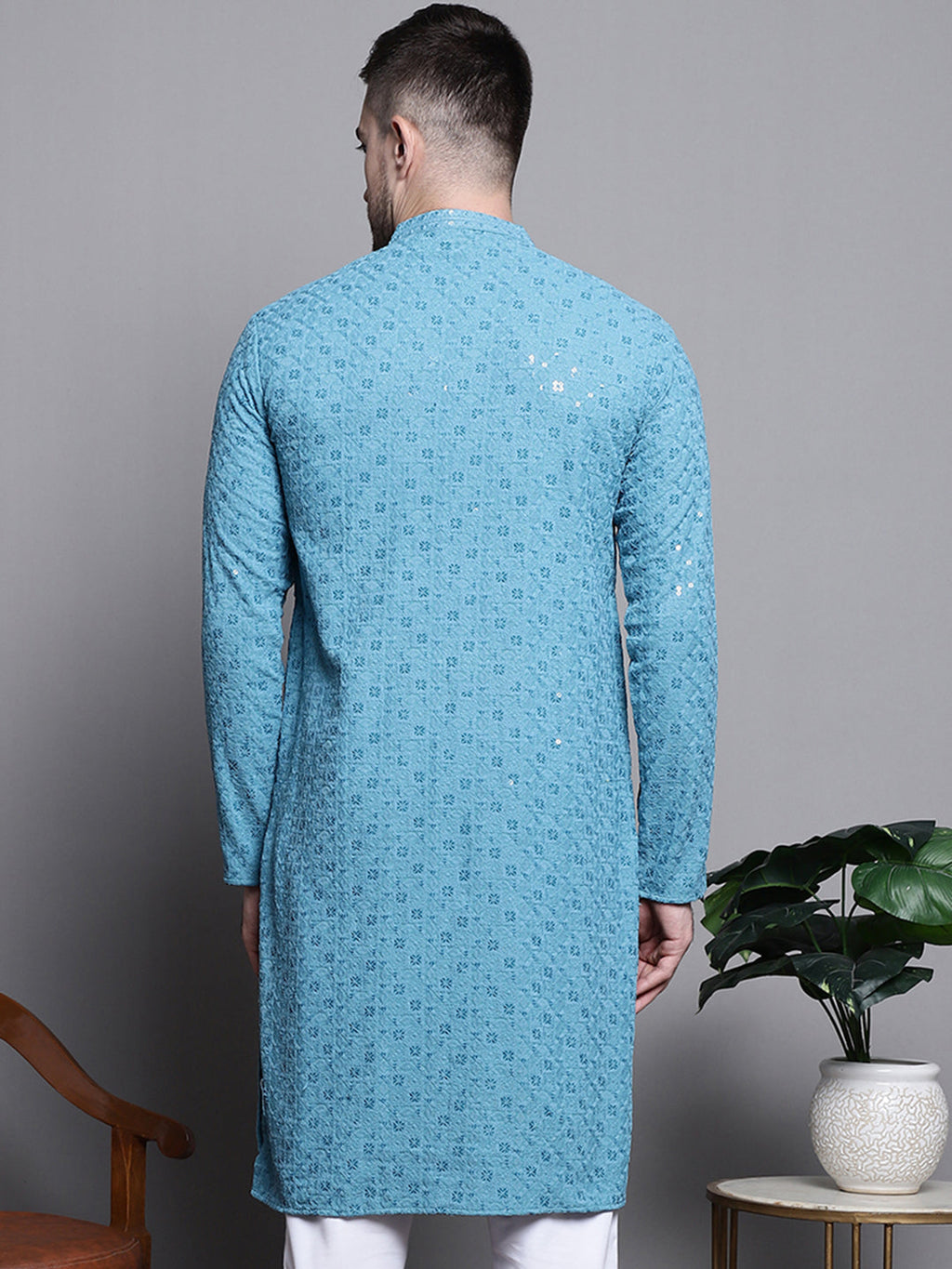 Jompers Men's Sequin Embroidered Pure Cotton Kurta - Blue