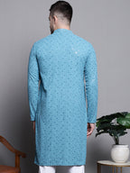Jompers Men's Sequin Embroidered Pure Cotton Kurta - Blue