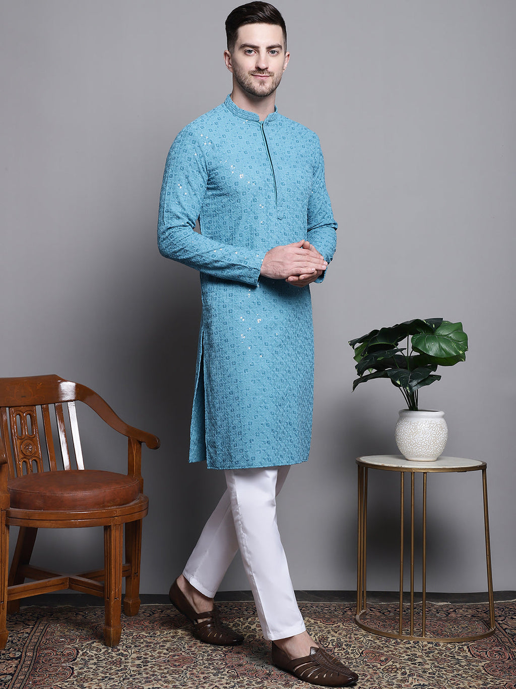 Jompers Men's Sequin Embroidered Pure Cotton Kurta - Blue
