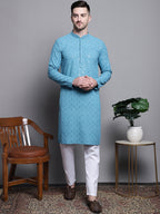 Jompers Men's Sequin Embroidered Pure Cotton Kurta - Blue