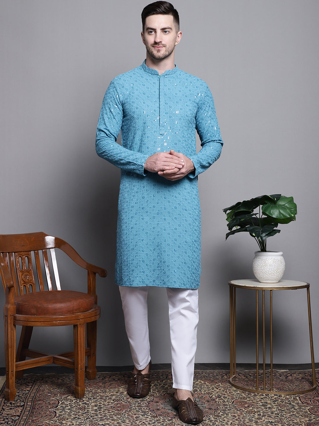 Jompers Men's Sequin Embroidered Pure Cotton Kurta - Blue