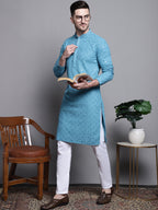 Jompers Men's Sequin Embroidered Pure Cotton Kurta - Blue