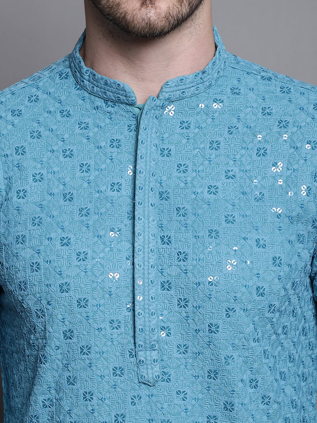 Jompers Men's Sequin Embroidered Pure Cotton Kurta - Blue