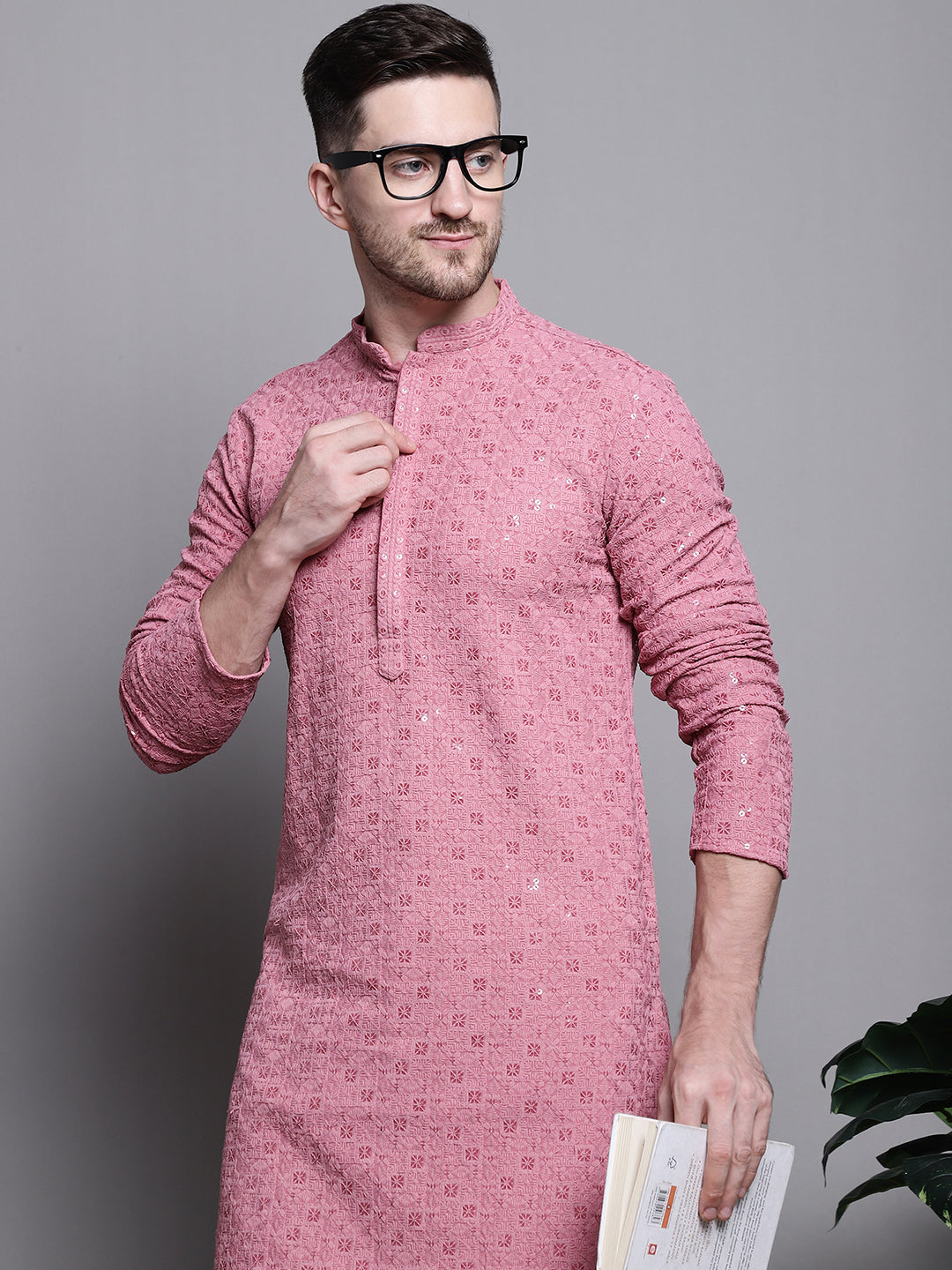 Jompers Men's Sequin Embroidered Pure Cotton Kurta - Coral