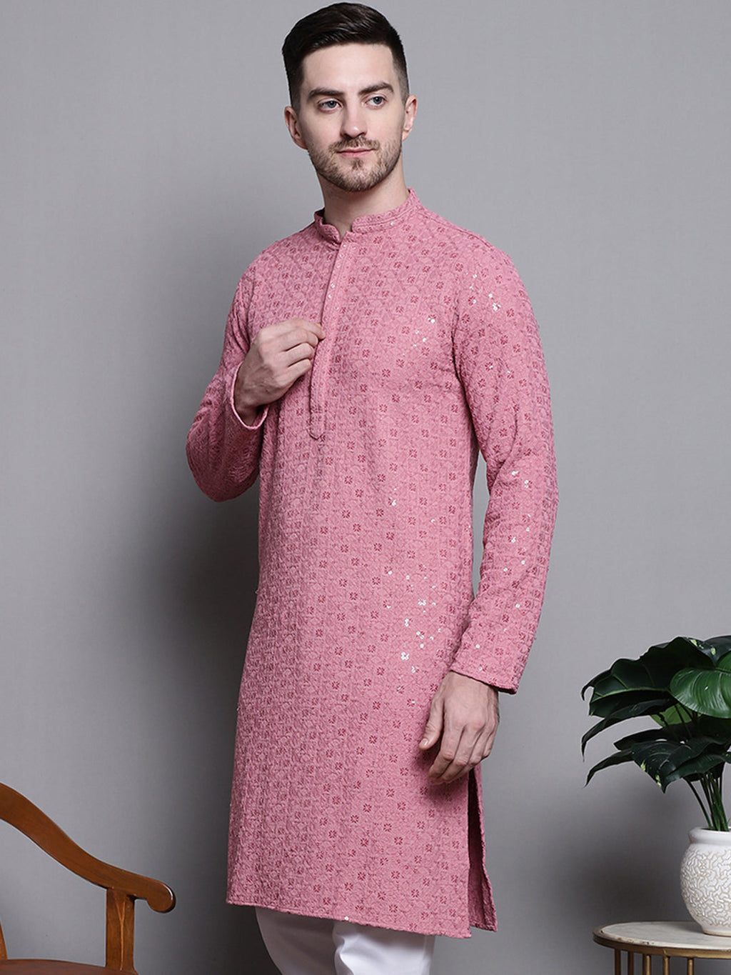 Jompers Men's Sequin Embroidered Pure Cotton Kurta - Coral