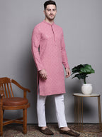 Jompers Men's Sequin Embroidered Pure Cotton Kurta - Coral