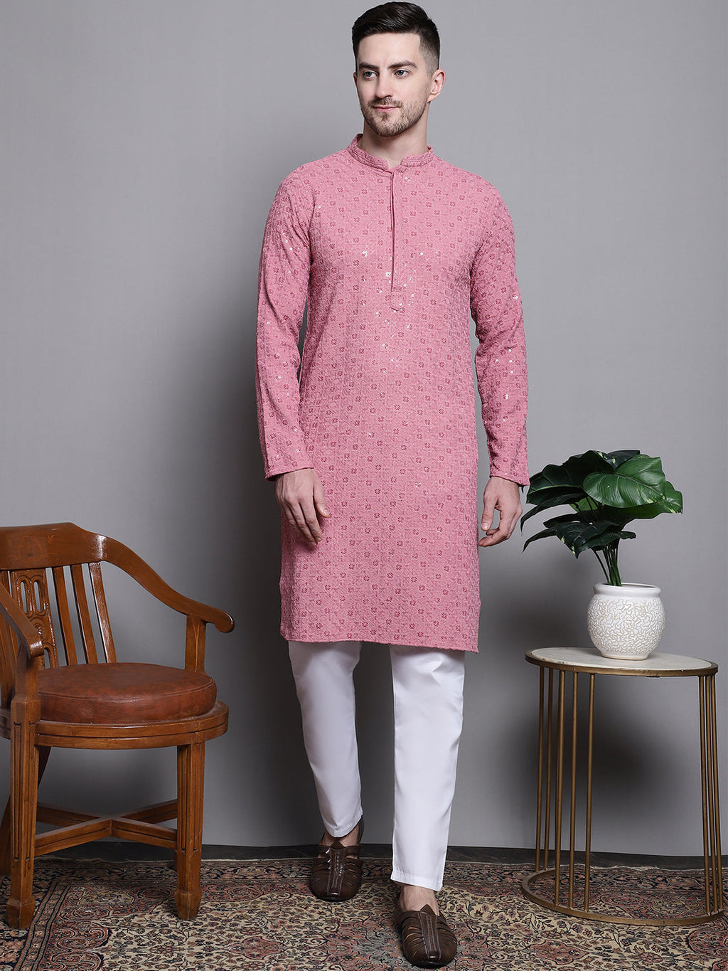 Jompers Men's Sequin Embroidered Pure Cotton Kurta - Coral