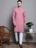 Jompers Men's Sequin Embroidered Pure Cotton Kurta - Coral