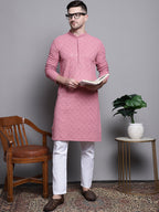 Jompers Men's Sequin Embroidered Pure Cotton Kurta - Coral