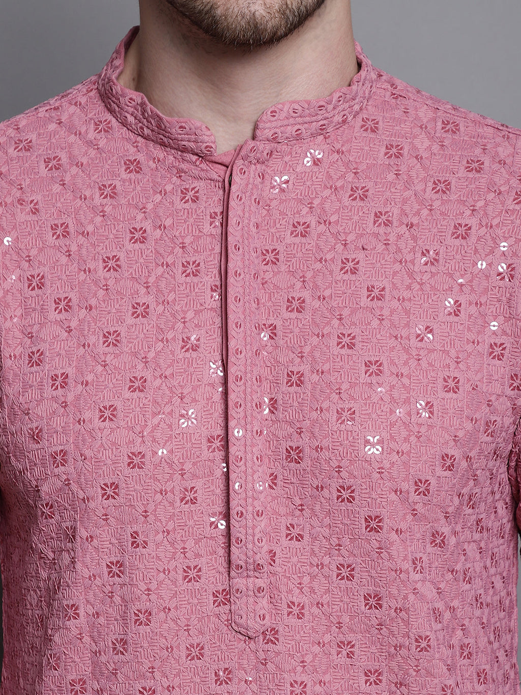 Jompers Men's Sequin Embroidered Pure Cotton Kurta - Coral