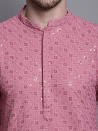 Jompers Men's Sequin Embroidered Pure Cotton Kurta - Coral