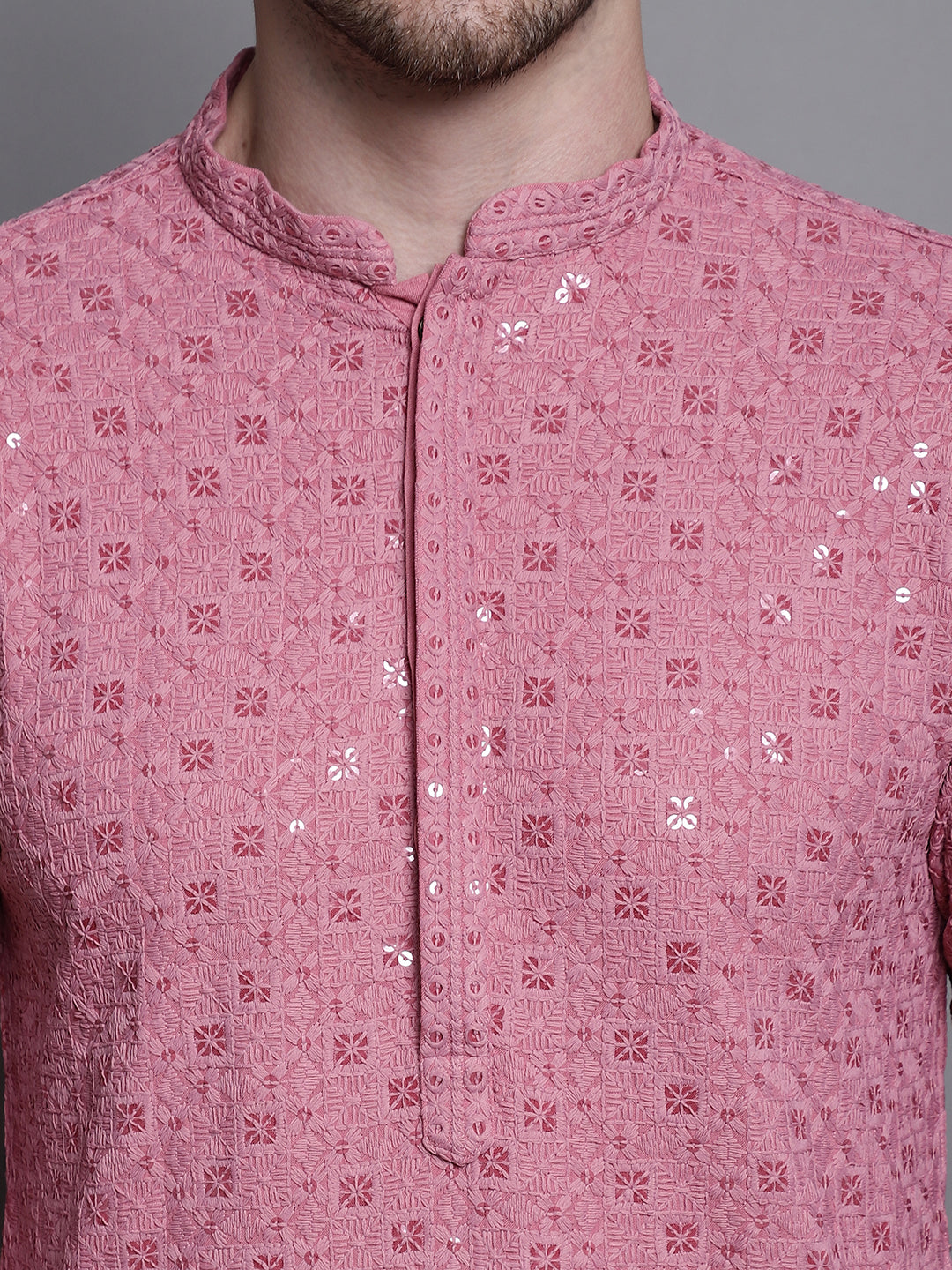Jompers Men's Sequin Embroidered Pure Cotton Kurta - Coral