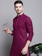 Jompers Men's Sequin Embroidered Pure Cotton Kurta - Purple