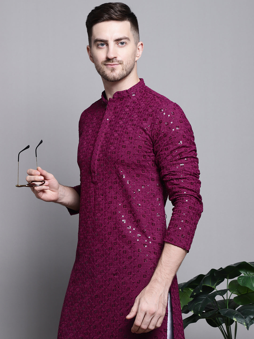 Jompers Men's Sequin Embroidered Pure Cotton Kurta - Purple