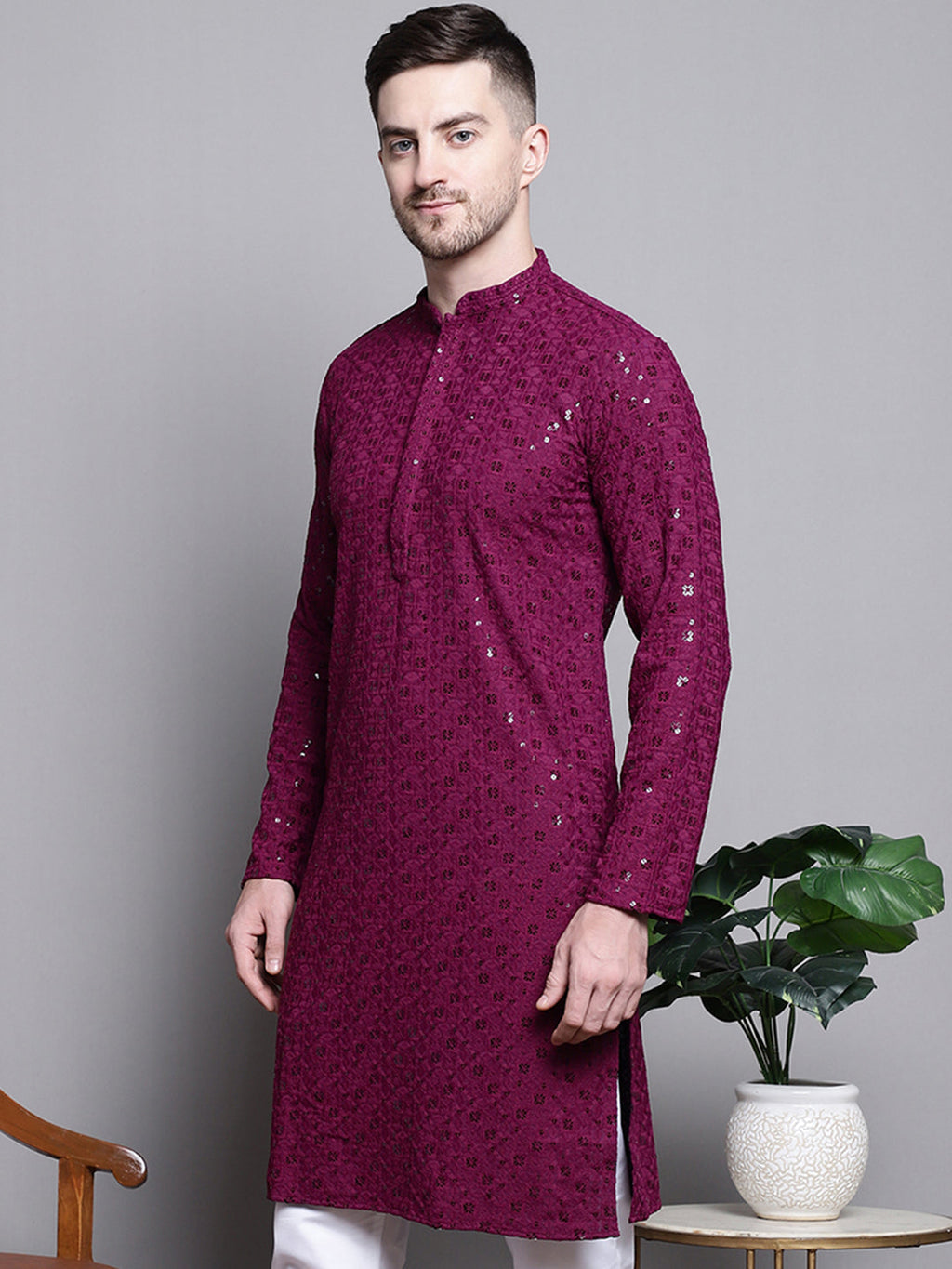 Jompers Men's Sequin Embroidered Pure Cotton Kurta - Purple
