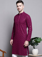Jompers Men's Sequin Embroidered Pure Cotton Kurta - Purple