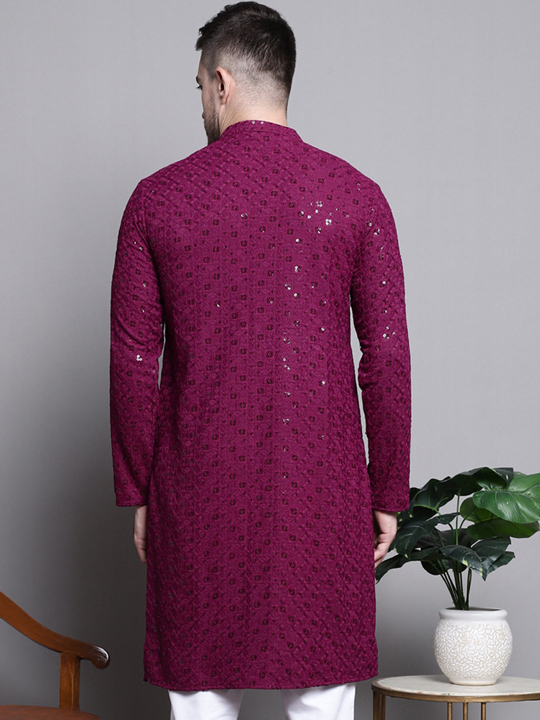 Jompers Men's Sequin Embroidered Pure Cotton Kurta - Purple