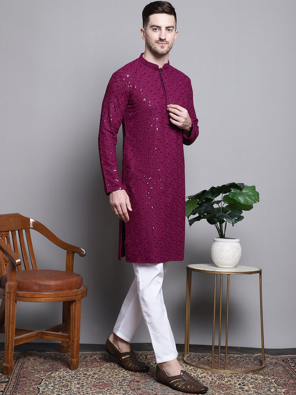 Jompers Men's Sequin Embroidered Pure Cotton Kurta - Purple