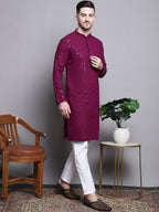 Jompers Men's Sequin Embroidered Pure Cotton Kurta - Purple