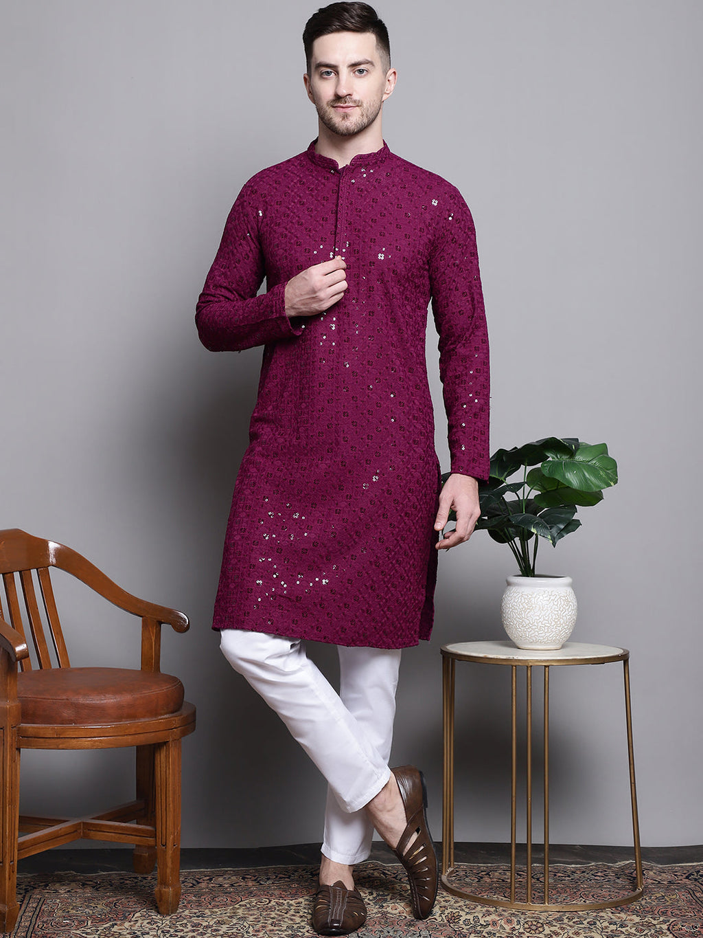 Jompers Men's Sequin Embroidered Pure Cotton Kurta - Purple