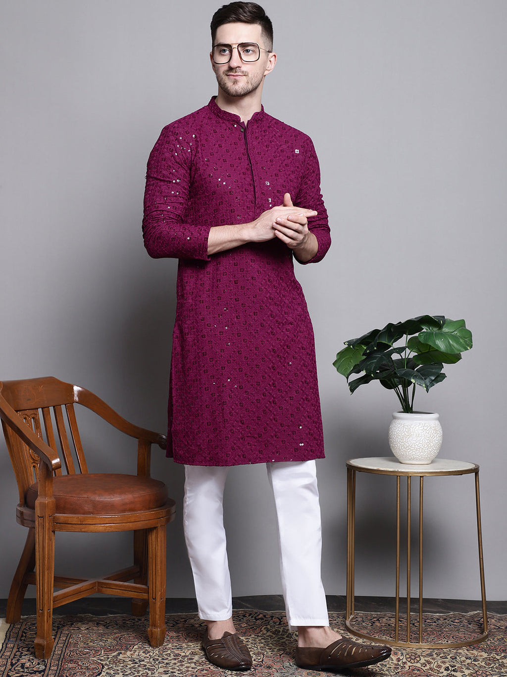 Jompers Men's Sequin Embroidered Pure Cotton Kurta - Purple