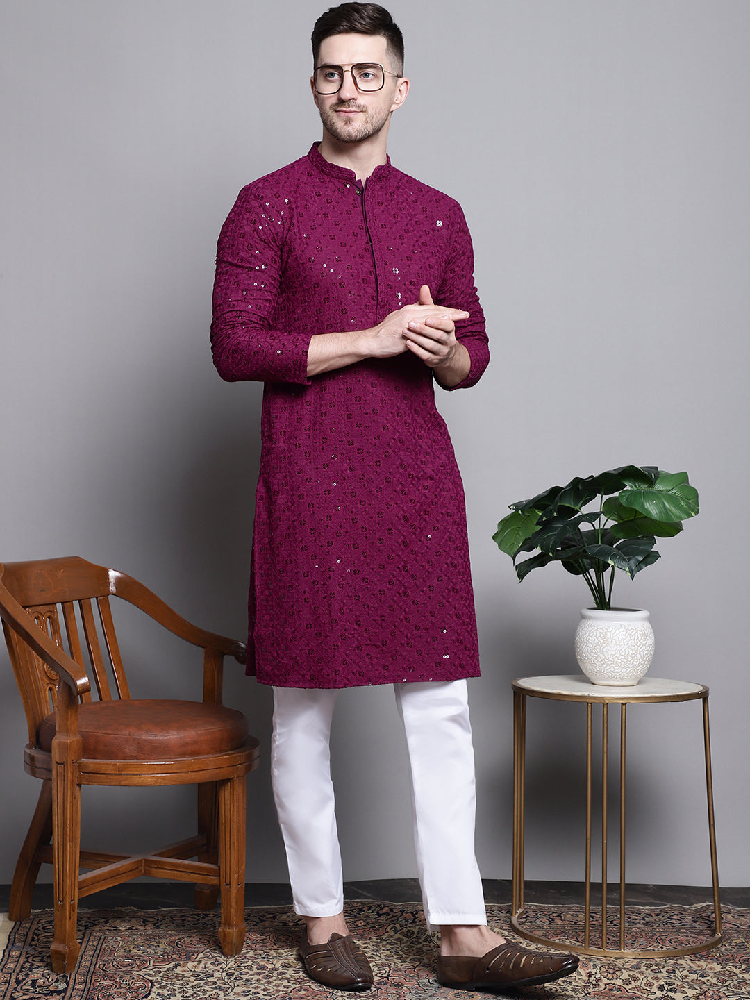 Jompers Men's Sequin Embroidered Pure Cotton Kurta - Purple