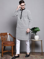 Jompers Men's Sequin Embroidered Silk Blend Kurta - Black