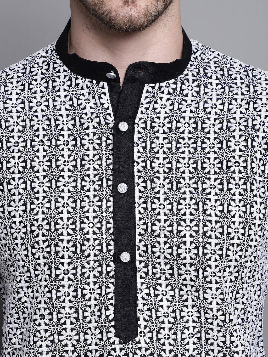 Jompers Men's Sequin Embroidered Silk Blend Kurta - Black