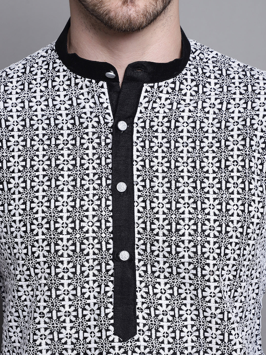 Jompers Men's Sequin Embroidered Silk Blend Kurta - Black