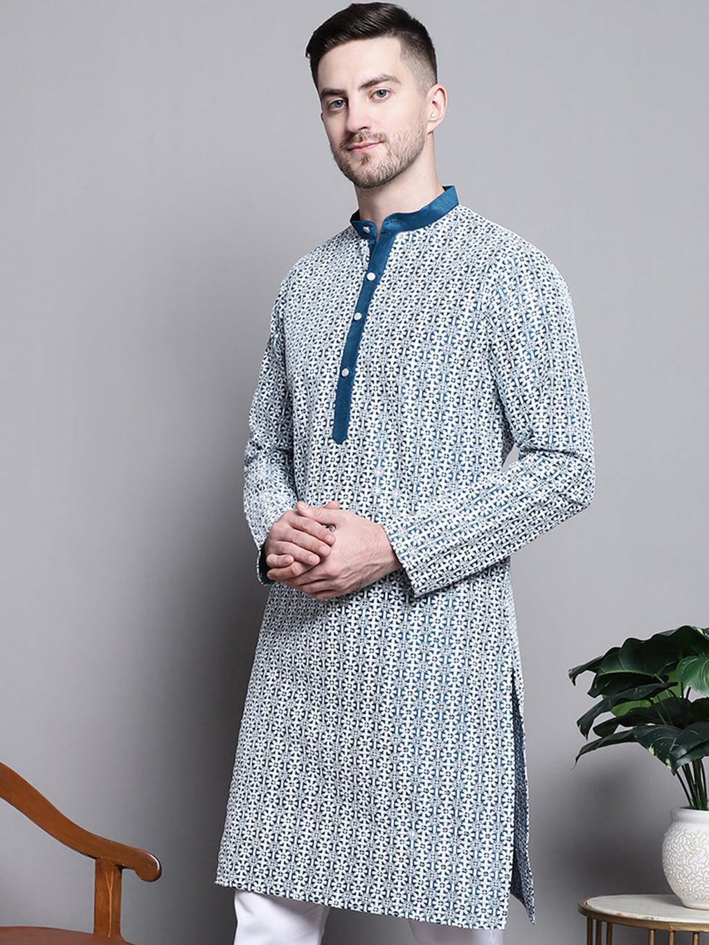 Jompers Men's Sequin Embroidered Silk Blend Kurta - Peacock