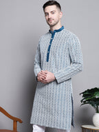 Jompers Men's Sequin Embroidered Silk Blend Kurta - Peacock