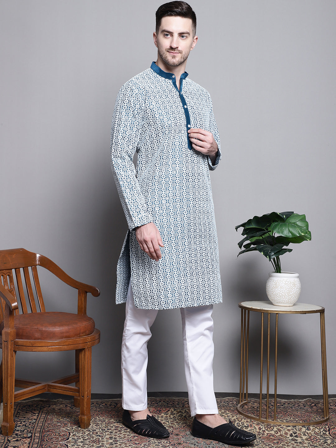 Jompers Men's Sequin Embroidered Silk Blend Kurta - Peacock