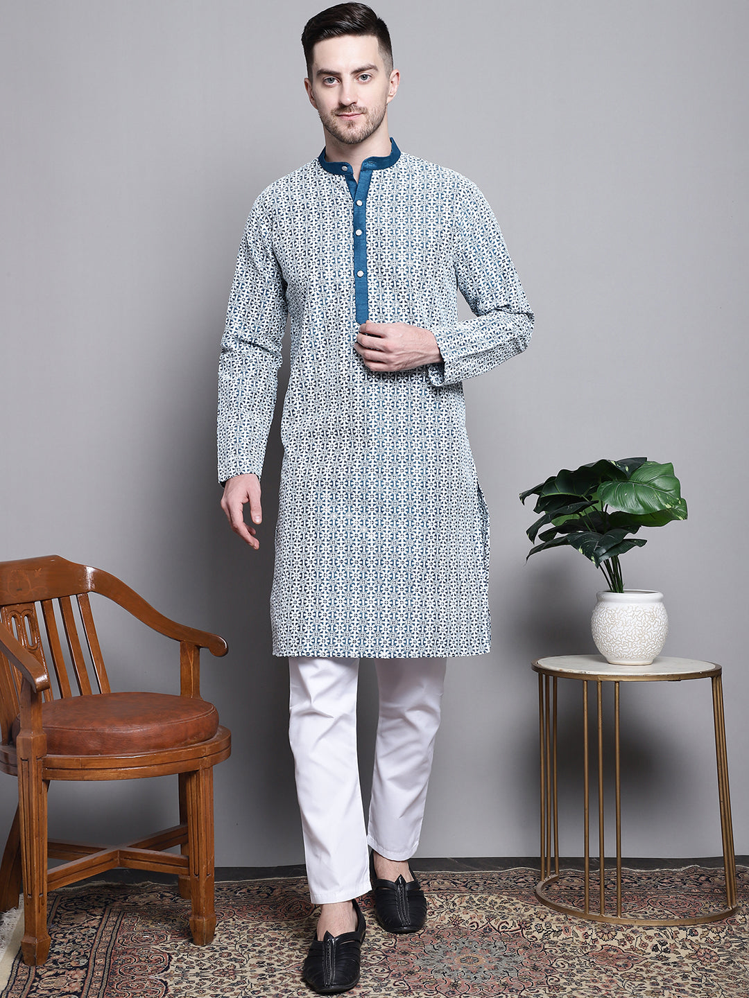 Jompers Men's Sequin Embroidered Silk Blend Kurta - Peacock