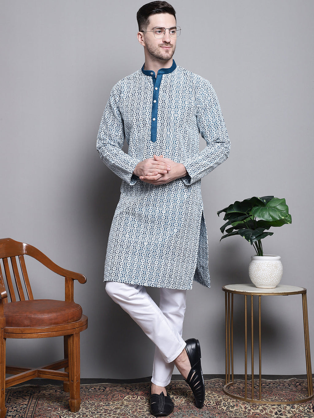 Jompers Men's Sequin Embroidered Silk Blend Kurta - Peacock