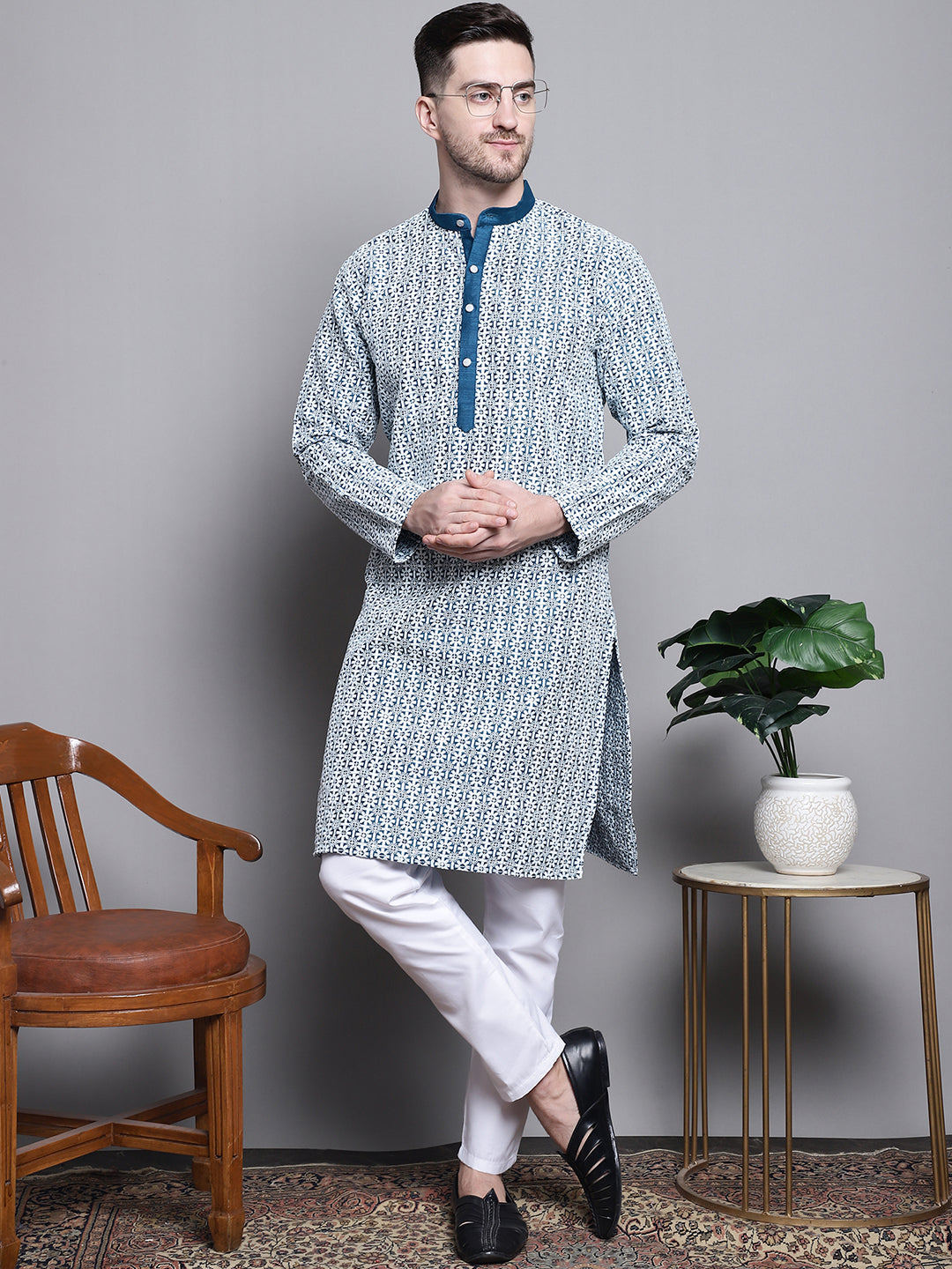 Jompers Men's Sequin Embroidered Silk Blend Kurta - Peacock